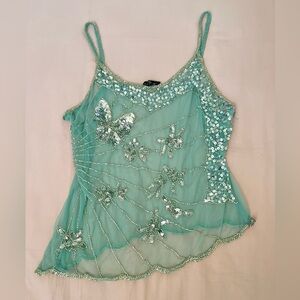Passport Blue Y2K Fairy Butterfly Sequin & Beaded Sheer Camisole